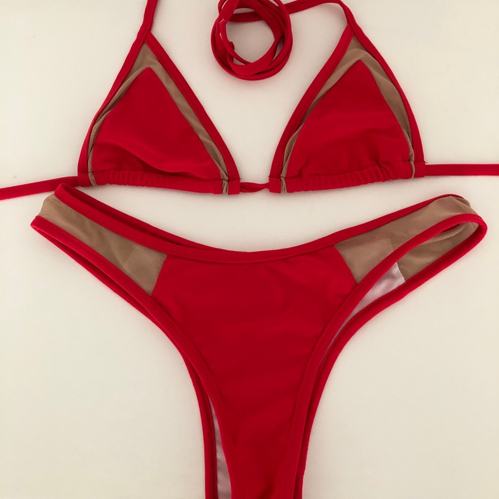 Red thong bikini with see through mesh edges